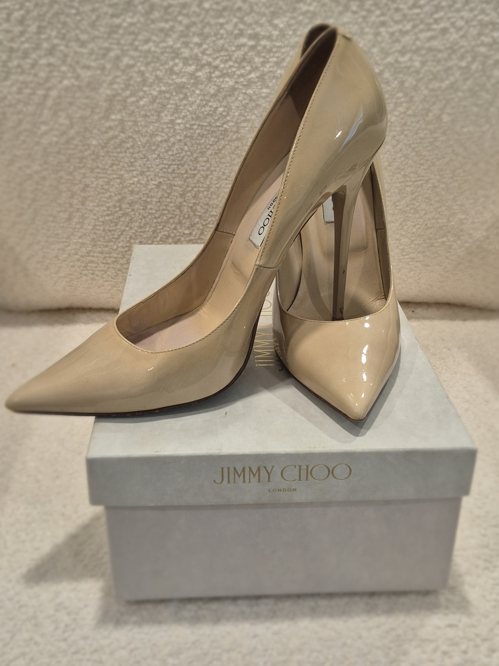 Jimmy Choo Beige Patent Leather Pointed-Toe Stiletto Pumps
